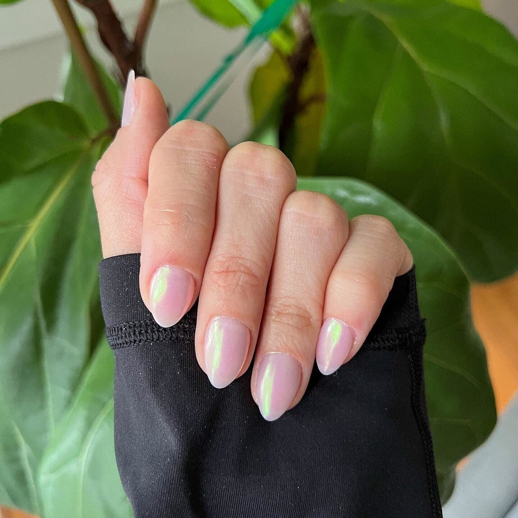light pink chrome nails almond
